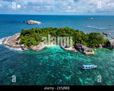 Aerial of little Keciput granite rock island, Belitung island off the coast of Sumatra, Indonesia, Southeast Asia, Asia Copyright: MichaelxRunkel 1184 Stock Photo