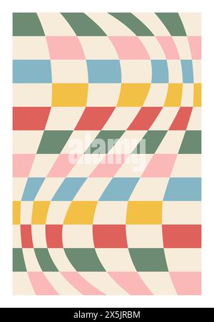 Psychedelic Checkerboard. Colorful Groovy hippie 70s background. Distorted vector illustration in Y2k style Stock Vector