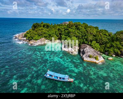 Aerial of little Keciput granite rock island, Belitung island off the coast of Sumatra, Indonesia, Southeast Asia, Asia Copyright: MichaelxRunkel 1184 Stock Photo