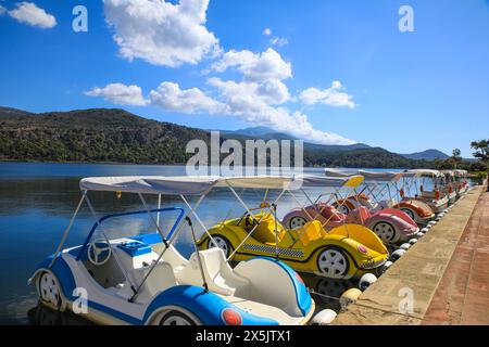 Kefalonia, Argostoli Greece, water car peddle boats for the water on a bay. (Editorial Use Only) Stock Photo