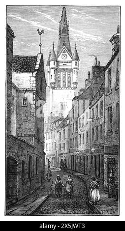 Ship Row, Aberdeen, Scotland in the late 19th century. This view looks north towrds the junction with Union Street. Most of the houses in this images have been replaced with modern buildings, though Provost Ross's house on the immediate left of this image still exists.. Black and White Illustration from Our Own Country Vol III published by Cassell, Petter, Galpin & Co. in the late 19th century. Stock Photo