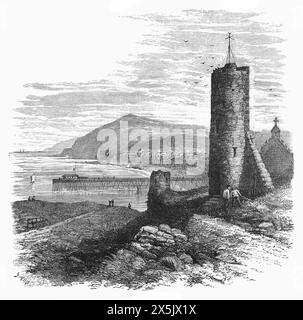 Aberystwyth, Ceredigion, Wales, in the 19th century. View of the bay from the castle on the south side of the town, with the original Royal Pier built in 1865 whose total length was 242 metres (794 feet).  Black and White Illustration from Our Own Country Vol III published by Cassell, Petter, Galpin & Co. in the late 19th century. Stock Photo