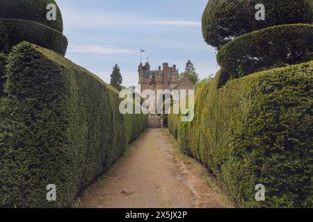 Crathes Castle, a classic Scottish tower house in Aberdeenshire, Scotland, boasts charming turrets and beautiful gardens. Stock Photo