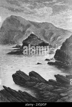 View of Ilfracombe, North Devon, from Capstone Hill looking towards St Nicholas Chapel on Lantern Hill. As it appeared in the late 19th century.  Black and White Illustration from Our Own Country Vol III published by Cassell, Petter, Galpin & Co. in the late 19th century. Stock Photo