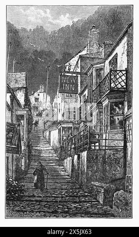 The High Street in Clovelly as it appeared in the late 19th century. The New Inn sign is now on the left of this view looking up the hill. At times, the New Inn let rooms on both sides of the street and photos from the mid 20th century show the sign swapping from one side of the street to the other. Black and White Illustration from Our Own Country Vol III published by Cassell, Petter, Galpin & Co. in the late 19th century. Stock Photo