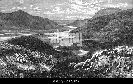 View of the Lakes of Killlarney, Killarney National Park, County Kerry, Ireland, in the late 19th century. Black and White Illustration from Our Own Country Vol III published by Cassell, Petter, Galpin & Co. in the late 19th century. Stock Photo