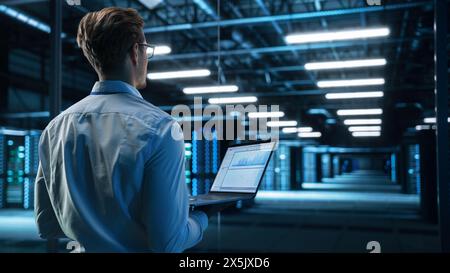 Back View of Male Specialist Using Laptop in Big Data Center Office. High Speed Data Transfer, Server Transfer, Technology Science Breakethrough, Progress, Innovation Concept Stock Photo