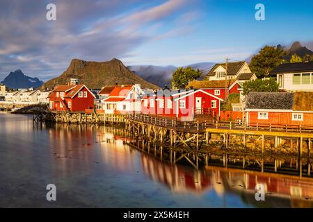 Long exposure to capture the light of sunrise in Svolvaer, during an autumn day, Svolvaer, Lofoten Islands, Nordland, Norway, Scandinavia, Europe Copy Stock Photo