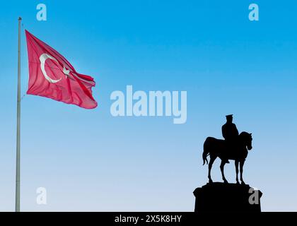 Ataturk's statue, symbolizing victory, freedom, and democracy in Turkey. with Turkish flag . Erzurum,Turkey - 30 August 2023.  Stock Photo