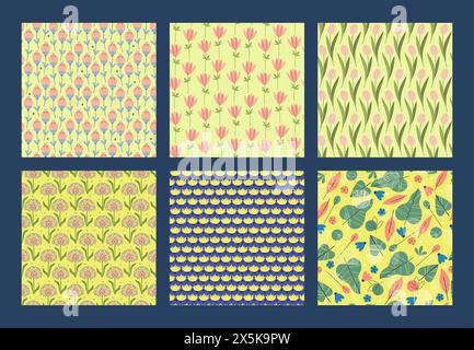 Colorful and bright springtime elements seamless pattern set. Leaves and flowers on yellow background. Floral spring vector illustration for baby show Stock Vector