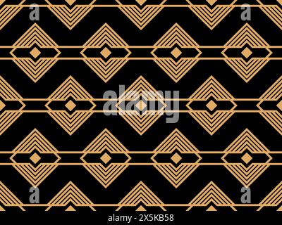 Geometric seamless pattern in line art style. Art deco geometric pattern of golden lines on a black background. Vintage linear style. Design for wallp Stock Vector