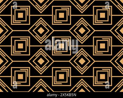 Geometric seamless pattern in line art style. Art deco geometric pattern of golden lines on a black background. Vintage linear style. Design for wallp Stock Vector