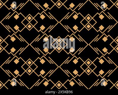 Geometric seamless pattern in line art style. Art deco geometric pattern of golden lines on a black background. Vintage linear style. Design for wallp Stock Vector