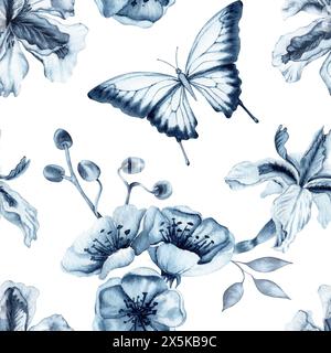 Monochrome floral seamless pattern with butterflies. Blue indigo iris flowers with cherry blossoms. Hand drawn watercolor illustration isolated on whi Stock Photo