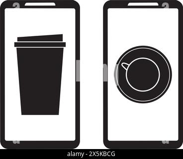 Two smartphones with cups of coffee on the screens on a white background Stock Vector