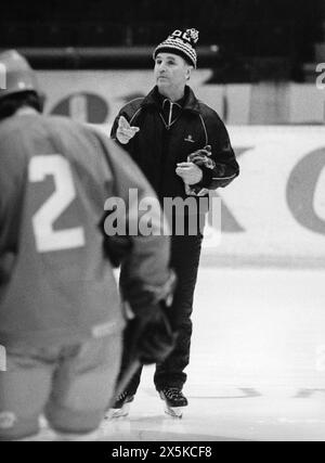 VICTOR TICHONOV Coach for Soviet legendary National team in ice hockey gives instruction on the ice. Stock Photo