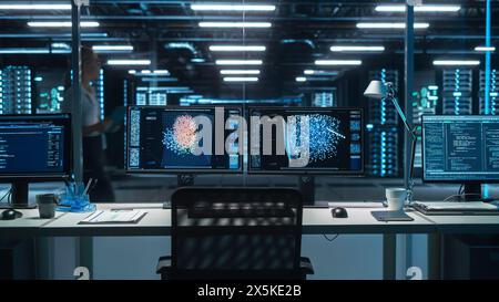 Two Screens Showing Advanced Neural Network. AI Analysis on Computer Monitors in High-Tech Big Data Center. Concept of Web Services, Machine Learning, Cyber Security Stock Photo