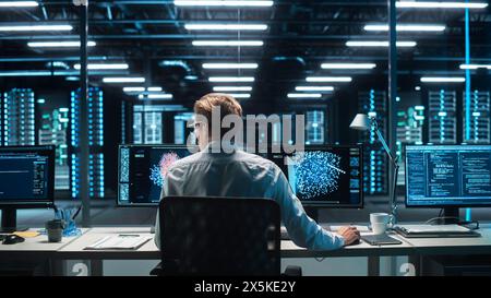 Professional IT Programer Working in Data Center on Desktop Computer with Two Displays, while Doing Development of Software and Hardware. Displays Show Blockchain, Data Network Architecture Stock Photo