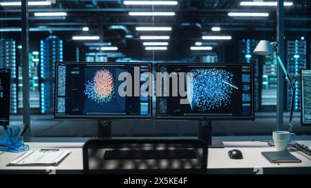 In the System Control Data Center Operates Multiple Screens with Neural Network and Data Activities. Room is Dark and Full of Monitors with Working Neural Network on Them. Stock Photo