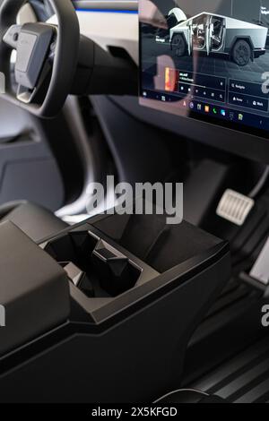 Interior View of the Tesla Cybertruck Featuring the Central Console Stock Photo