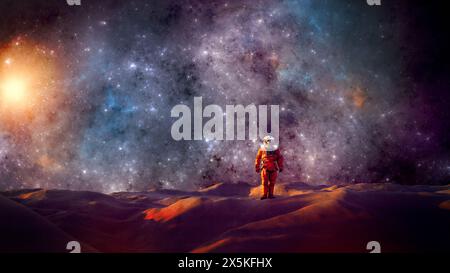 Astronaut on an unexplored planet, conquering new worlds, exoplanets. 3d rendering Extraterrestrial terrain of another planet. Space explorations Stock Photo