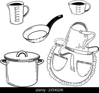 A set of illustrations on the theme of kitchen. A saucepan, an apron with lace, a frying pan and a measuring cup drawn in vector with a black outline. Stock Vector