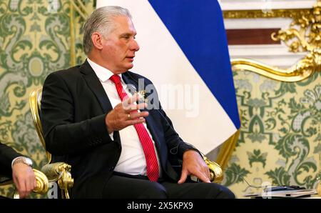 Moscow, Russia. 09th May, 2024. Cuban President Miguel Díaz-Canel, remarks during a bilateral meeting hosted by Russian President Vladimir Putin at the Grand Kremlin Palace, May 9, 2024 in Moscow, Russia. Credit: Mikhail Metzel/Kremlin Pool/Alamy Live News Stock Photo