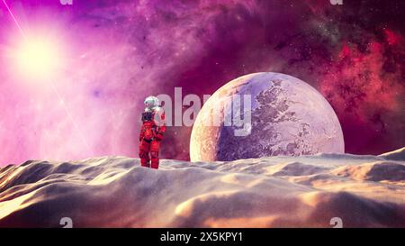 Astronaut on an unexplored planet, conquering new worlds, exoplanets. 3d rendering Extraterrestrial terrain of another planet. Space explorations Stock Photo