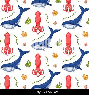 Seamless pattern in cartoon style with sea and ocean animals, corals, seaweeds and shells. Outline squid and blue whale. Vector illustration on a Stock Vector