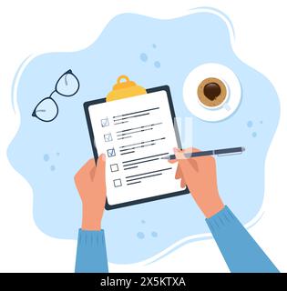 Hands on the table. A businessman writes a project plan, clipboard with checklist and coffee Stock Vector
