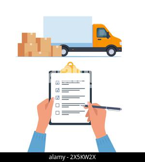 Lorry and pile of boxes. Clipboard with checklist in human hands. Delivery concept. Transportation of goods. Moving to new house Stock Vector