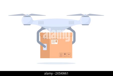 Drone working in modern warehouse. Robotics technology concept, fast delivery, artificial intelligence. Vector illustration Stock Vector