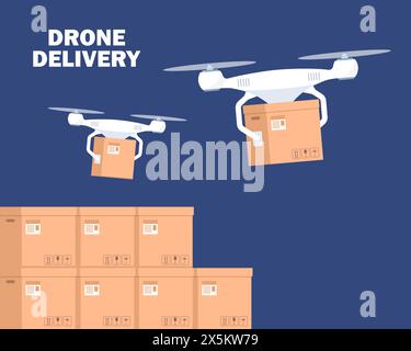 Drone working in modern warehouse. Robotics technology concept, fast delivery, artificial intelligence. Vector illustration Stock Vector