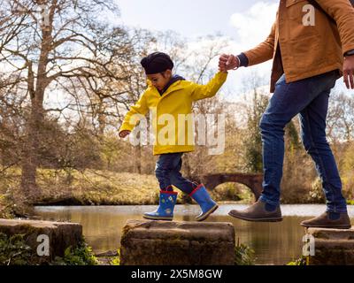 Father with son on stepping stones on lake Stock Photo
