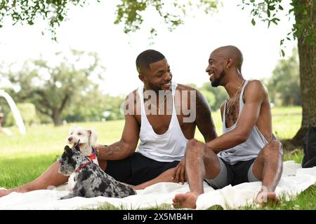 USA, Louisiana, Smiling gay couple with dogs having picnic on lawn in park Stock Photo