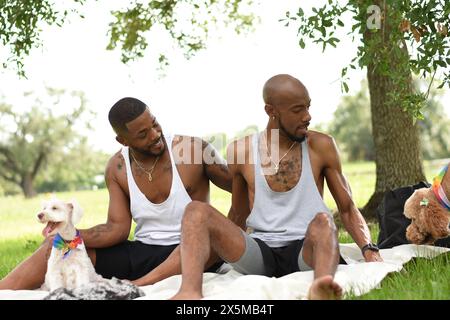 USA, Louisiana, Smiling gay couple with dogs having picnic on lawn in park Stock Photo