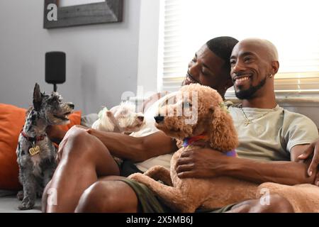 USA, Louisiana, Gay couple with dogs relaxing on sofa Stock Photo