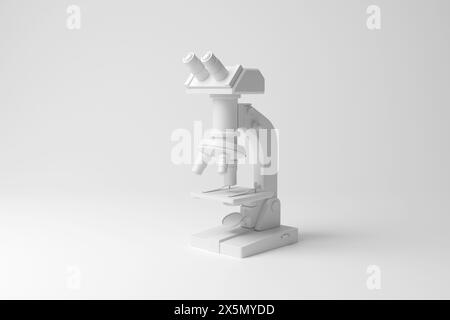 White lab microscope on white background. Illustration of the concept of scientific research, microbiology and pathology Stock Photo