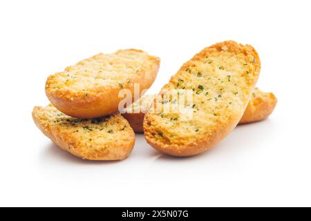 Garlic crisp bread Slices Topped With Herbs isolated on a white background. Stock Photo