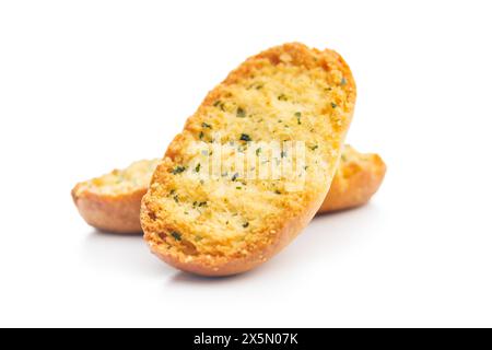 Garlic crisp bread Slices Topped With Herbs isolated on a white background. Stock Photo