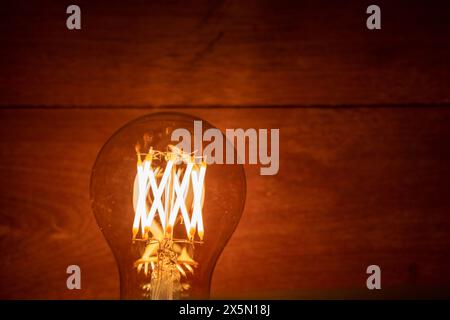 A60 E27 Edison light bulb, also known as filament light bulb on wooden background. Stock Photo