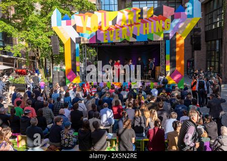 Munich, Germany. 10th May, 2024. Spectators sit in front of the stage at the opening of the 'Stadion der Träume' venue in Munich's Gasteig. Credit: Peter Kneffel/dpa/Alamy Live News Stock Photo