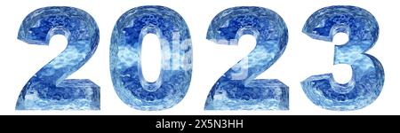 Concept or conceptual 2023 year made of  blue ice font isolated on white background. An abstract 3D illustration as a  metaphor for future, celebratio Stock Photo