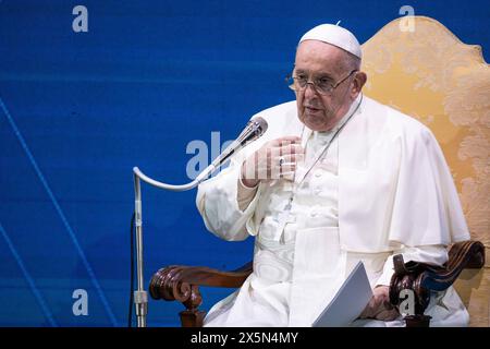 Rome, Italy. 10th May, 2024. Pope Francis delivers his speech during the Italian conference of the General State on Natality. Credit: SOPA Images Limited/Alamy Live News Stock Photo