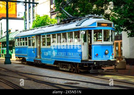 Main Street Blue Trolley in Memphis vintage attraction and transportation Stock Photo