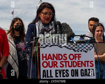 Washington, District Of Columbia, USA. 8th May, 2024. Representative RASHIDA TLAIB (D-MI) addresses the pepper spraying and arrest of students by DC police during the dismantling of The George Washington University solidarity encampment. (Credit Image: © Sue Dorfman/ZUMA Press Wire) EDITORIAL USAGE ONLY! Not for Commercial USAGE! Stock Photo