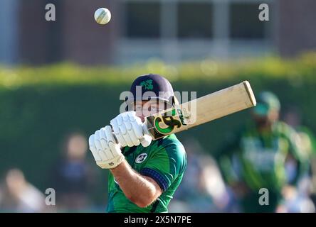 Ireland's Curtis Campher hits the winning run during the first T20 international at Castle Avenue Cricket Ground, Dublin. Picture date: Friday May 10, 2024. Stock Photo