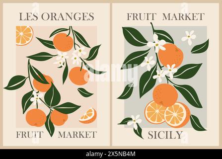 Set of Abstract Orange Fruit Market retro posters. Stock Vector