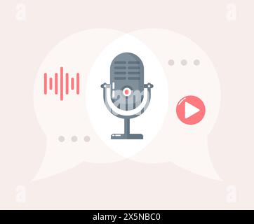 Microphone and sound icons inside speech bubbles, podcast concept. Flat vector illustration Stock Vector