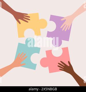 Hands of people of different nationalities putting together colorful puzzle pieces. Vector flat illustration Stock Vector